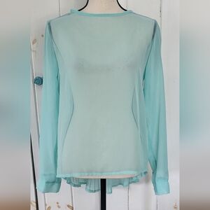 Sheer Sea-Green Pleated Chiffon Long Sleeve Blouse